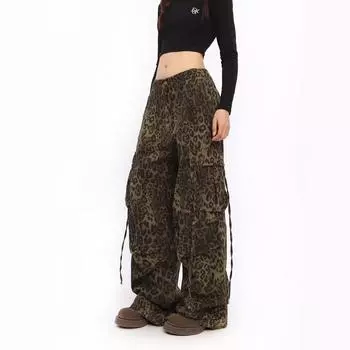 Широкие рабочие брюки American Street с леопардовым принтом для женщин — ранняя весна, с высокой талией, утягивающие, свободного кроя, повседневные. Small