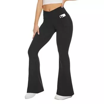 Широкие расклешенные брюки с высокой талией и подъемом бедер для фитнеса, повседневные, универсальные, эластичные, телесного цвета, тонкие штаны для йоги для женщин L чёрный