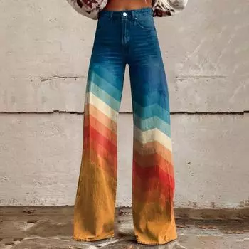 Широкие расклешенные джинсы для женщин с карманами, мешковатые брюки с винтажным цветочным принтом и высокой талией, свободные брюки S синий