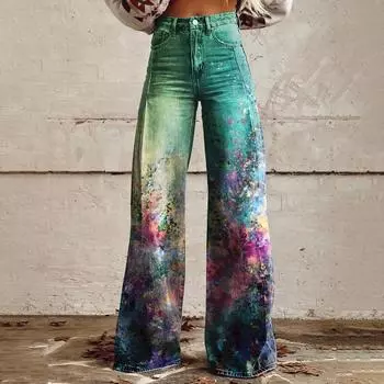 Широкие расклешенные джинсы для женщин с карманами, мешковатые брюки с винтажным цветочным принтом и высокой талией, свободные брюки L зелёный