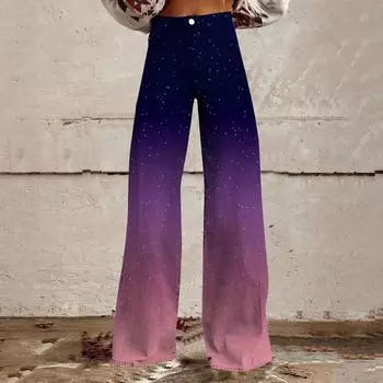 Широкие расклешенные джинсы для женщин с карманами, мешковатые брюки с винтажным цветочным принтом и высокой талией, свободные брюки XXL