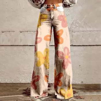 Широкие расклешенные джинсы для женщин с карманами, мешковатые брюки с винтажным цветочным принтом и высокой талией, свободные брюки L