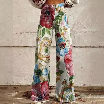 Широкие расклешенные джинсы для женщин с карманами, мешковатые брюки с винтажным цветочным принтом и высокой талией, свободные брюки XXL