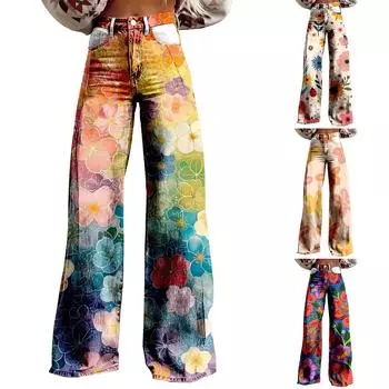 Широкие расклешенные джинсы для женщин с карманами, мешковатые брюки с винтажным цветочным принтом и высокой талией, свободные брюки XXL бежевый