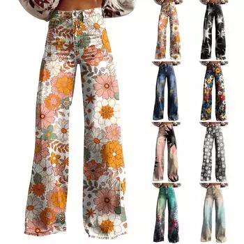 Широкие расклешенные джинсы для женщин с карманами, мешковатые брюки с винтажным цветочным принтом и высокой талией, свободные брюки XL тёмно-синий
