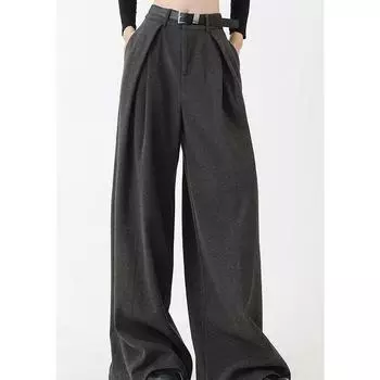 Широкие шерстяные брюки женские утолщенные новинка 2024 года осень-зима повседневные прямые брюки с высокой талией костюм S recommends [83-97] catties (free belt)