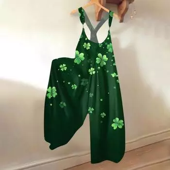 Широкие штанины комбинезоны для женщин повседневные свободные без рукавов комбинезоны с принтом металлические пуговицы длинные брюки комбинезон с карманами L армия зеленый