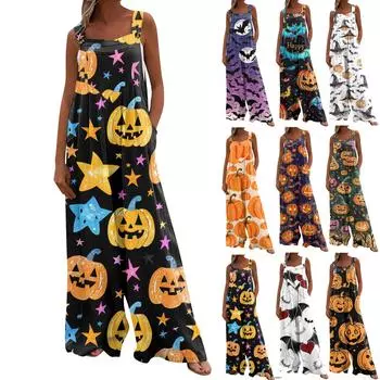 Широкие штанины комбинезоны для женщин повседневные свободные без рукавов комбинезоны с принтом на Хэллоуин длинные брюки комбинезон с карманами XL чёрный