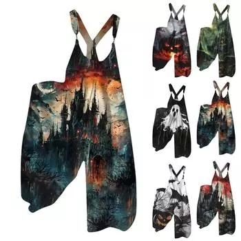 Широкие штанины комбинезоны для женщин повседневные свободные комбинезоны без рукавов ретро принт на Хэллоуин металлические пуговицы длинные брюки комбинезон с карманами XXXL винный