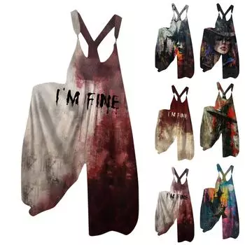 Широкие штанины комбинезоны для женщин повседневные свободные комбинезоны без рукавов ретро принт на Хэллоуин металлические пуговицы длинные брюки комбинезон с карманами L тёмно-синий