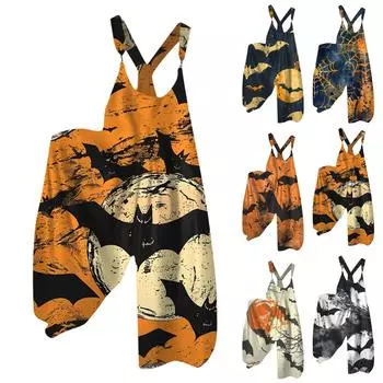 Широкие штанины комбинезоны для женщин повседневные свободные комбинезоны без рукавов ретро принт на Хэллоуин металлические пуговицы длинные брюки комбинезон с карманами L