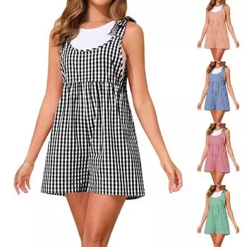 Широкие штанины комбинезоны для женщин повседневные свободные без рукавов клетчатые комбинезоны шорты L чёрный