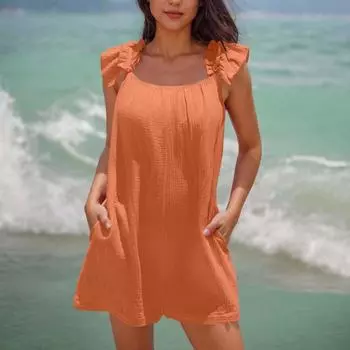 Широкие штанины комбинезоны для женщин повседневные свободные без рукавов клетчатые комбинезоны шорты M шафрановый