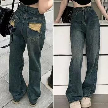 Широкие штанины, однотонные, свободные карманы, рваные карманы, застежка на молнию, прямые, полной длины, джинсовые брюки M синий