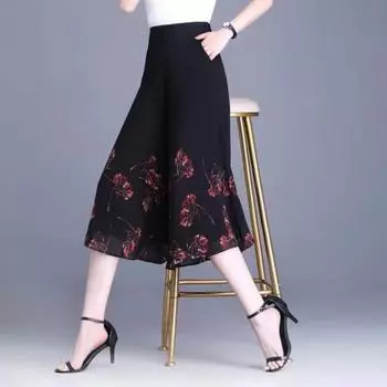 Широкие юбки с высокой талией Брюки Шифоновые брюки с цветочным принтом Свободные тонкие брюки M красный