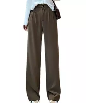 Широкие высокие боди, большие ноги, всесезонные [Elixio] брюки, слаксы, женские брюки, брюки, прямые, длинные, осень, осень, зима, талия, покрывающие, размер, коричневый