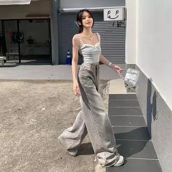 Широкие женские брюки в американском стиле, брюки с завышенной талией и универсальные брюки в пол. XS серый