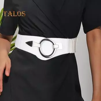 Широкий эластичный пояс для женщин, универсальный, однотонный, эластичный, пояс для платья из искусственной кожи с пряжкой из сплава чёрный