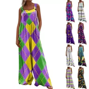 Широкий комбинезон для женщин, повседневный свободный комбинезон без рукавов с принтом и пуговицами, длинные брюки, комбинезон с карманами L