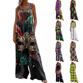 Широкий комбинезон для женщин, повседневный свободный комбинезон без рукавов с принтом и пуговицами, длинные брюки, комбинезон с карманами L