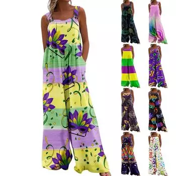 Широкий комбинезон для женщин, повседневный свободный комбинезон без рукавов с принтом и пуговицами, длинные брюки, комбинезон с карманами L чёрный