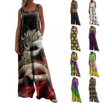 Широкий комбинезон для женщин, повседневный свободный комбинезон без рукавов с принтом и пуговицами, длинные брюки, комбинезон с карманами XXL