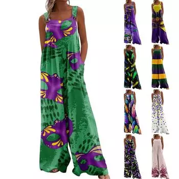 Широкий комбинезон для женщин, повседневный свободный комбинезон без рукавов с принтом и пуговицами, длинные брюки, комбинезон с карманами L чёрный