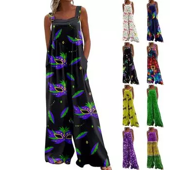 Широкий комбинезон для женщин, повседневный свободный комбинезон без рукавов с принтом и пуговицами, длинные брюки, комбинезон с карманами L чёрный