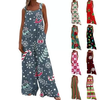 Широкий комбинезон для женщин, повседневный свободный комбинезон без рукавов с принтом и пуговицами, длинные брюки, комбинезон с карманами M