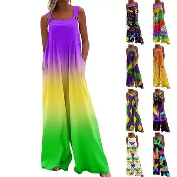 Широкий комбинезон для женщин, повседневный свободный комбинезон без рукавов с принтом и пуговицами, длинные брюки, комбинезон с карманами L