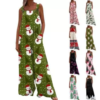 Широкий комбинезон для женщин, повседневный свободный комбинезон без рукавов с принтом и пуговицами, длинные брюки, комбинезон с карманами S зелёный