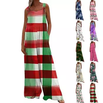 Широкий комбинезон для женщин, повседневный свободный комбинезон без рукавов с принтом и пуговицами, длинные брюки, комбинезон с карманами L армия зеленый