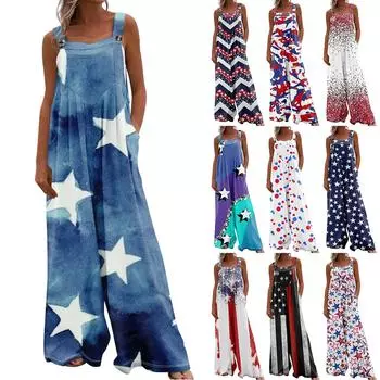 Широкий комбинезон для женщин, повседневный свободный комбинезон без рукавов с принтом и пуговицами, длинные брюки, комбинезон с карманами L