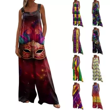 Широкий комбинезон для женщин, повседневный свободный комбинезон без рукавов с принтом и пуговицами, длинные брюки, комбинезон с карманами L темно-зеленого