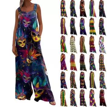 Широкий комбинезон для женщин, повседневный свободный комбинезон без рукавов с принтом и пуговицами, длинные брюки, комбинезон с карманами L темно-зеленого