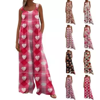 Широкий комбинезон для женщин, повседневный свободный комбинезон без рукавов с принтом и пуговицами, длинные брюки, комбинезон с карманами L чёрный