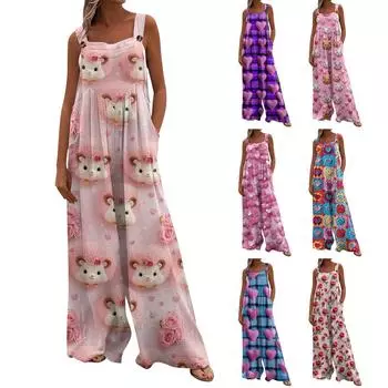 Широкий комбинезон для женщин, повседневный свободный комбинезон без рукавов с принтом и пуговицами, длинные брюки, комбинезон с карманами L синий