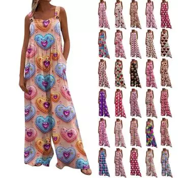 Широкий комбинезон для женщин, повседневный свободный комбинезон без рукавов с принтом и пуговицами, длинные брюки, комбинезон с карманами L горячий розовый