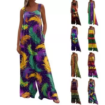 Широкий комбинезон для женщин, повседневный свободный комбинезон без рукавов с принтом и пуговицами, длинные брюки, комбинезон с карманами L темно-зеленого