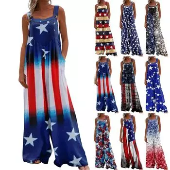 Широкий комбинезон для женщин, повседневный свободный комбинезон без рукавов с принтом и пуговицами, длинные брюки, комбинезон с карманами XXL