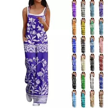 Широкий комбинезон для женщин, повседневный свободный комбинезон без рукавов с принтом и пуговицами, длинные брюки, комбинезон с карманами L коричневый