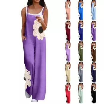 Широкий комбинезон для женщин, повседневный свободный комбинезон без рукавов с принтом и пуговицами, длинные брюки, комбинезон с карманами L армия зеленый