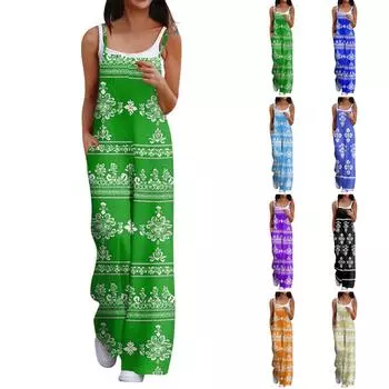 Широкий комбинезон для женщин, повседневный свободный комбинезон без рукавов с принтом и пуговицами, длинные брюки, комбинезон с карманами XXL