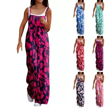 Широкий комбинезон для женщин, повседневный свободный комбинезон без рукавов с принтом и пуговицами, длинные брюки, комбинезон с карманами L синий