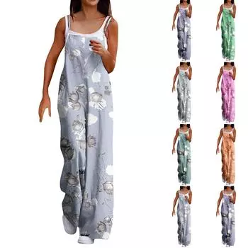 Широкий комбинезон для женщин, повседневный свободный комбинезон без рукавов с принтом и пуговицами, длинные брюки, комбинезон с карманами M циан