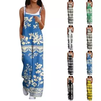 Широкий комбинезон для женщин, повседневный свободный комбинезон без рукавов с принтом и пуговицами, длинные брюки, комбинезон с карманами L чёрный