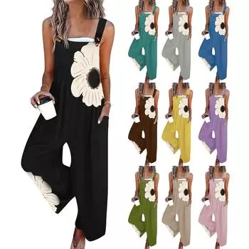 Широкий комбинезон для женщин, повседневный свободный комбинезон без рукавов с принтом и пуговицами, длинные брюки, комбинезон с карманами XL