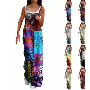 Широкий комбинезон для женщин, повседневный свободный комбинезон без рукавов с принтом и пуговицами, длинные брюки, комбинезон с карманами XXL