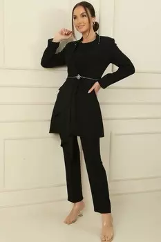 Широкий комплект из трех предметов: брюки с воланами и каменными деталями на воротнике и спереди