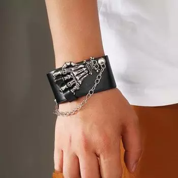 Широкий кожаный браслет с черепом в стиле панк, персонализированный браслет с заклепками, рок-ретро-браслет, украшение на Хэллоуин